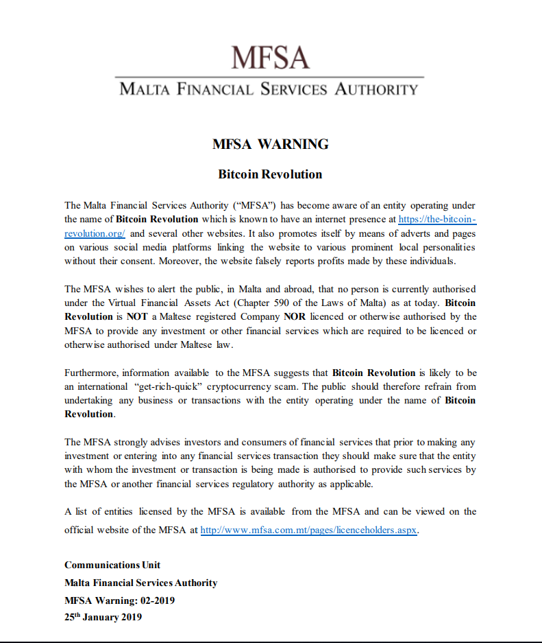 Bitcoin Autotrading Warning by the MFSA