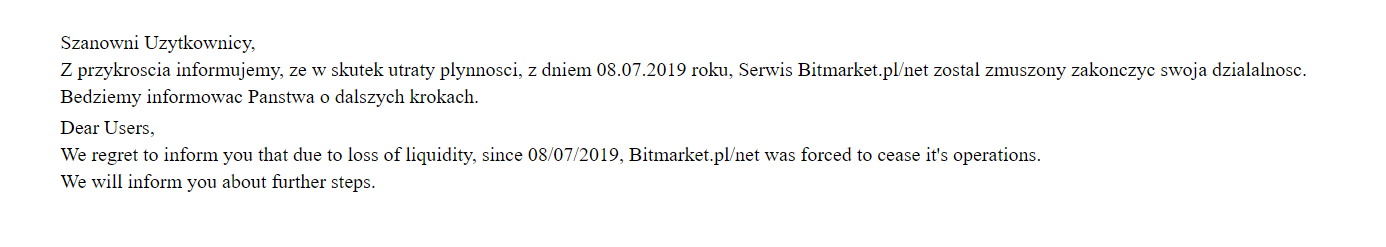 BitMarket Closing Announcement